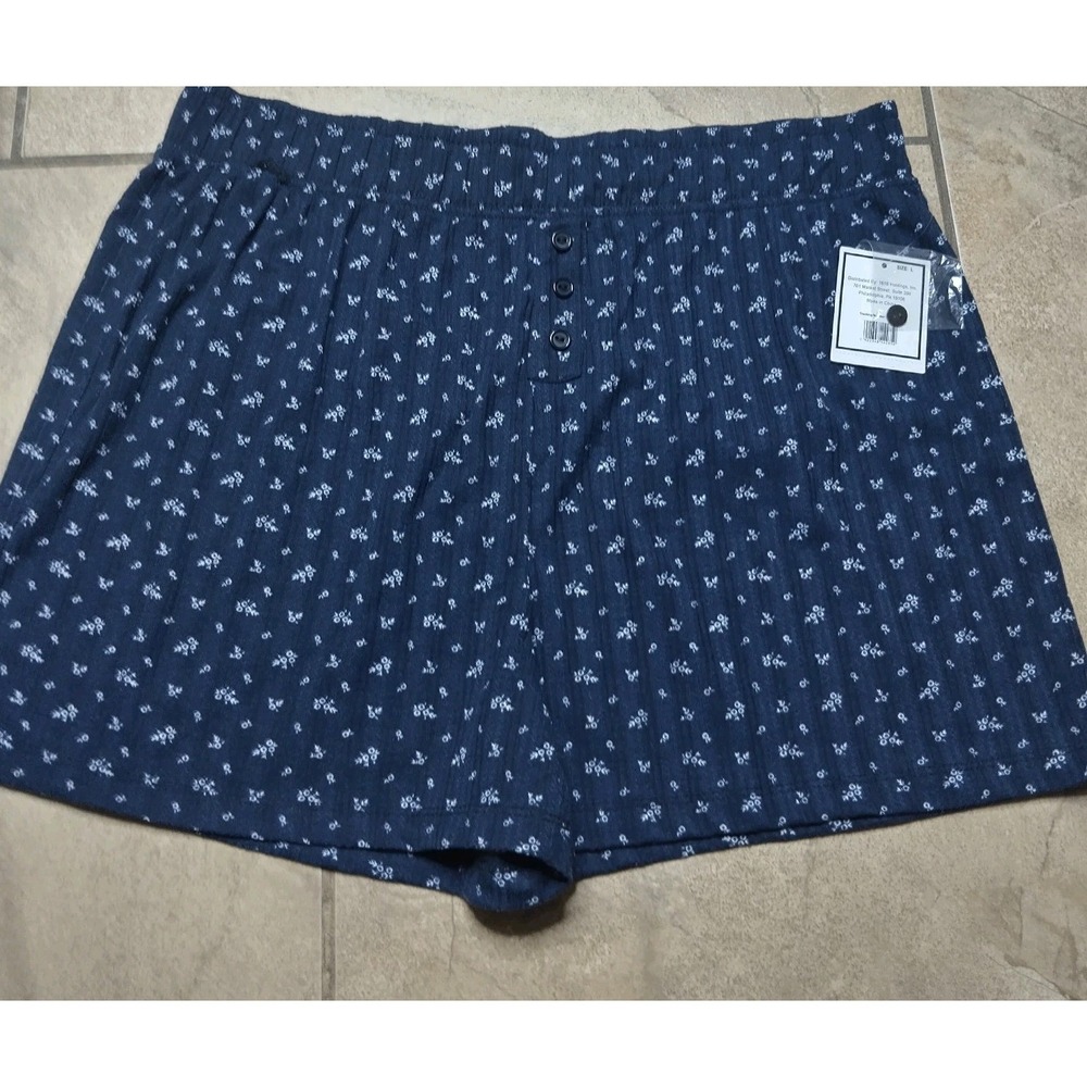 Pointelle Short Women's L Blue Floral Pajama Lounge Shorts Stretch Elastic Waist